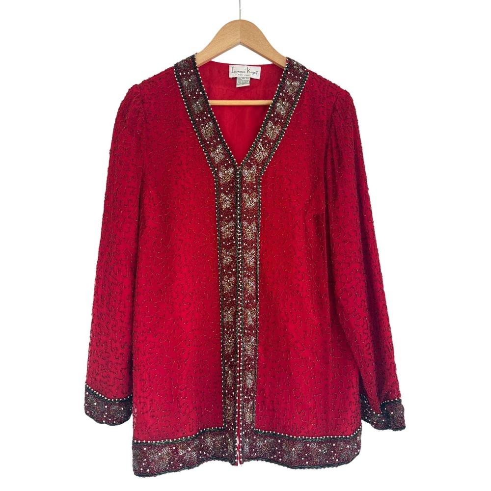 Laurence Kazar Vintage Red Beaded Silk Evening Jacket V-Neck Formal Medium
